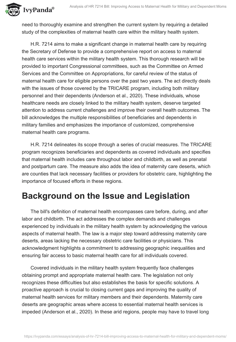 Analysis of HR 7214 Bill: Improving Access to Maternal Health for Military and Dependent Moms. Page 2