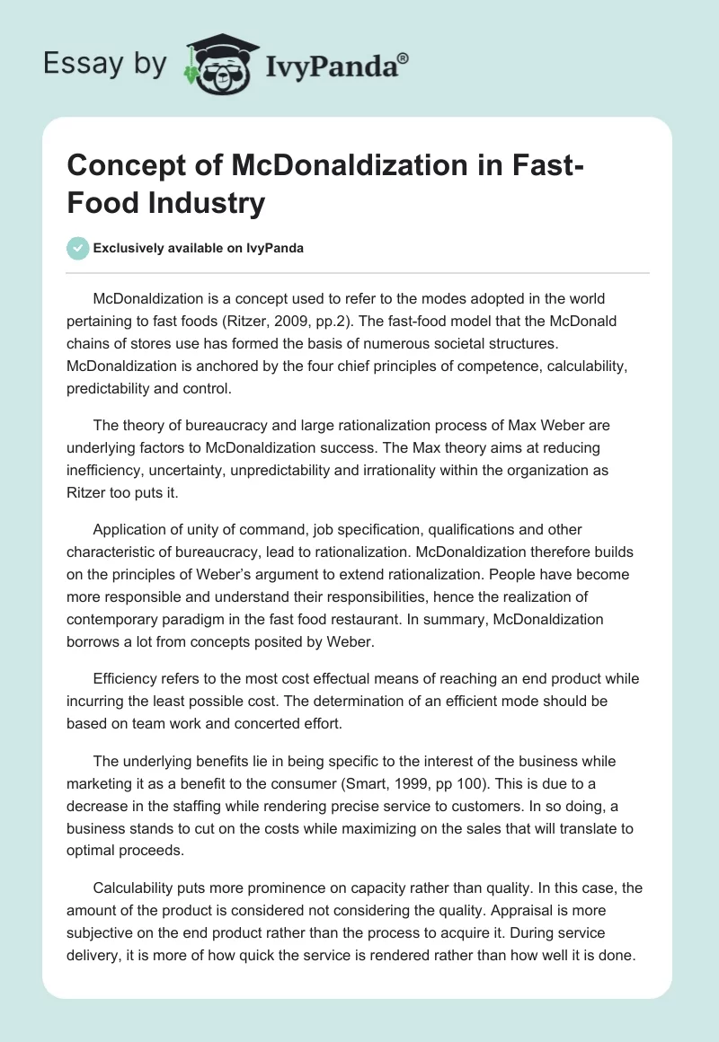 Concept of McDonaldization in Fast-Food Industry. Page 1