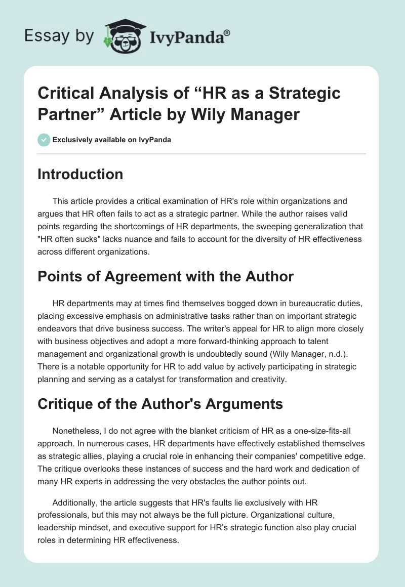 Critical Analysis of “HR as a Strategic Partner” Article by Wily Manager. Page 1