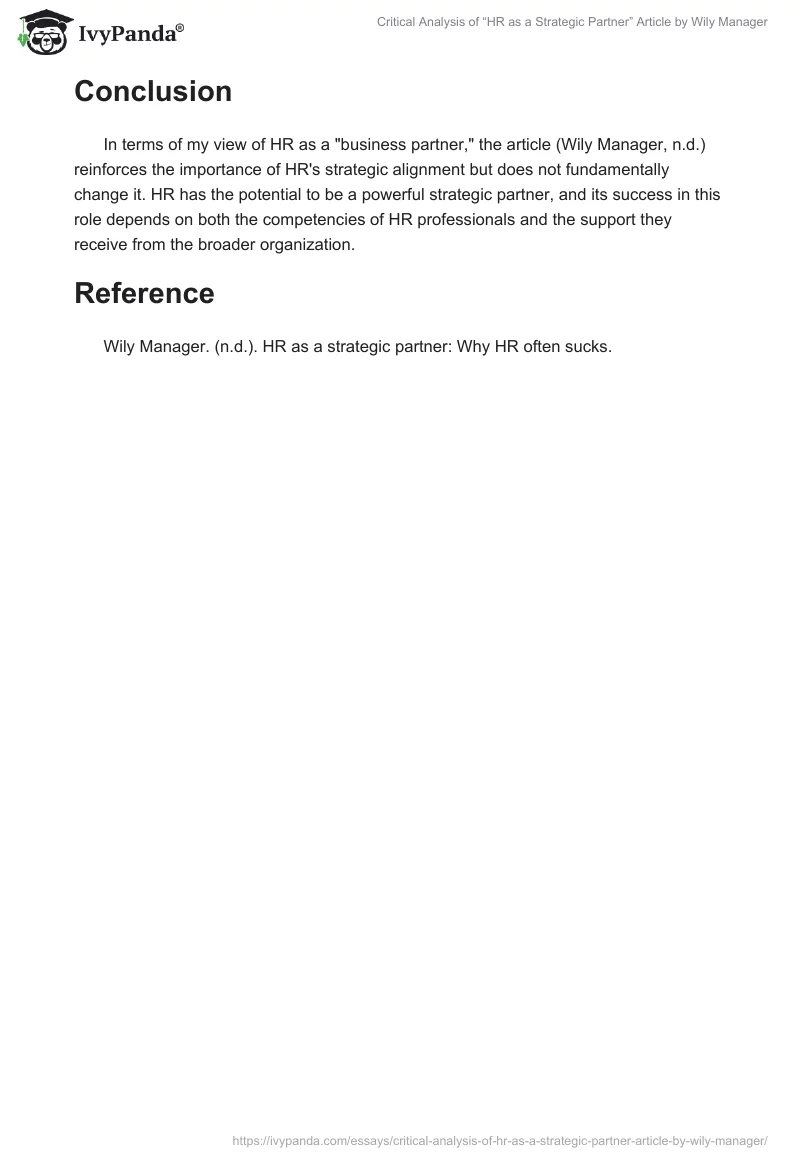 Critical Analysis of “HR as a Strategic Partner” Article by Wily Manager. Page 2