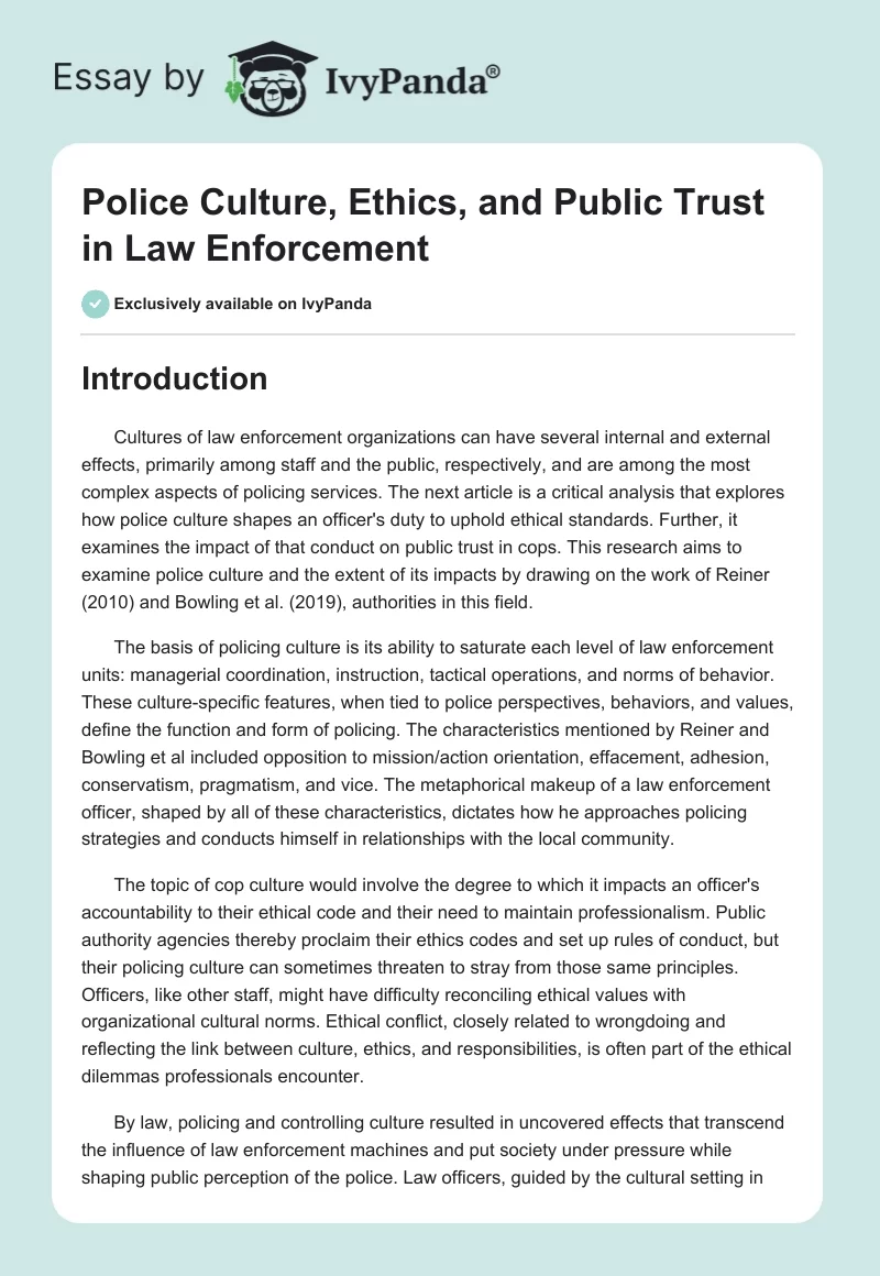 Police Culture, Ethics, and Public Trust in Law Enforcement. Page 1