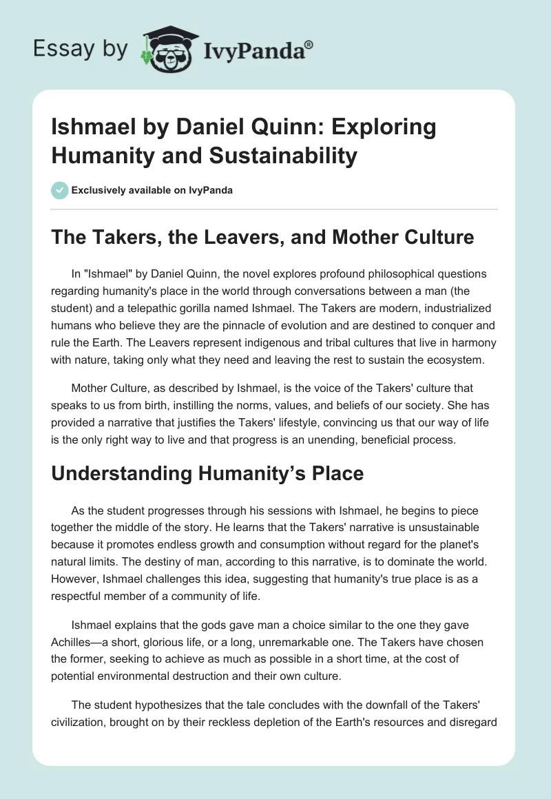 Ishmael by Daniel Quinn: Exploring Humanity and Sustainability. Page 1