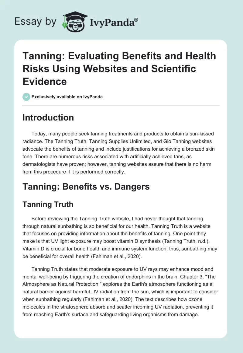 Tanning: Evaluating Benefits and Health Risks Using Websites and Scientific Evidence. Page 1
