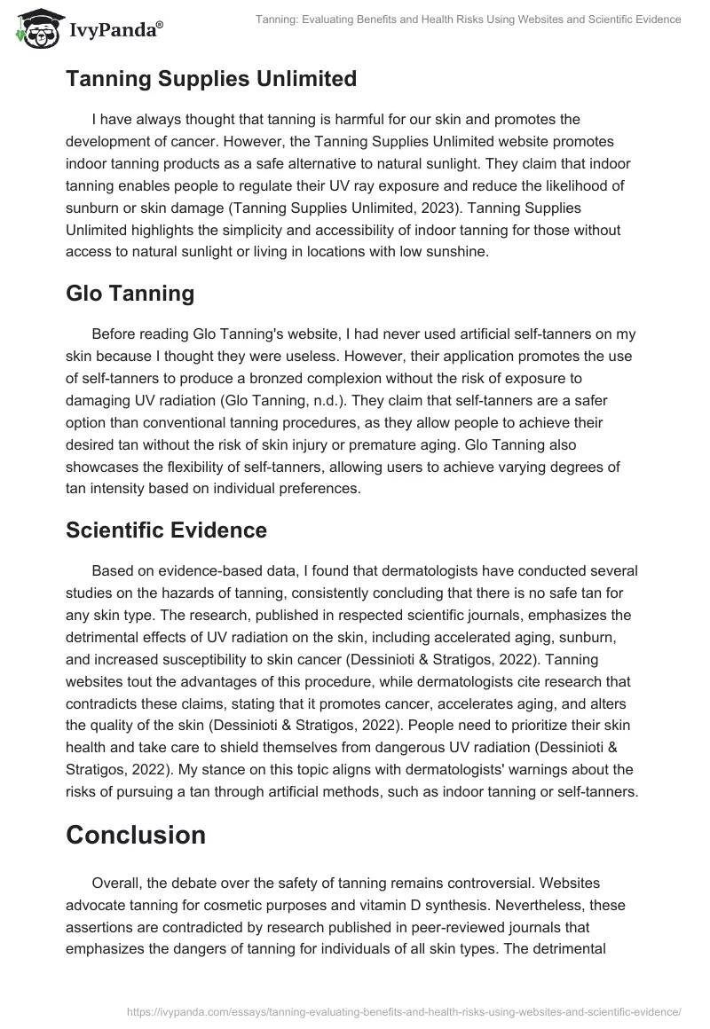 Tanning: Evaluating Benefits and Health Risks Using Websites and Scientific Evidence. Page 2