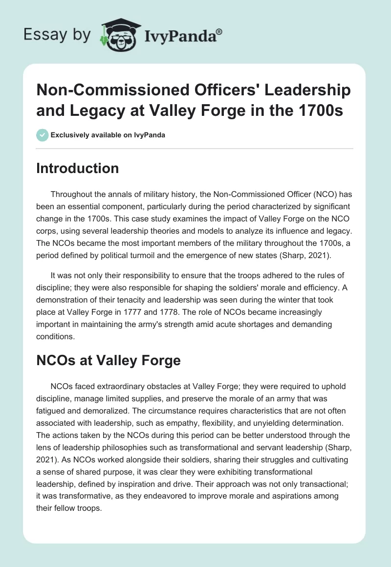 Non-Commissioned Officers' Leadership and Legacy at Valley Forge in the 1700s. Page 1