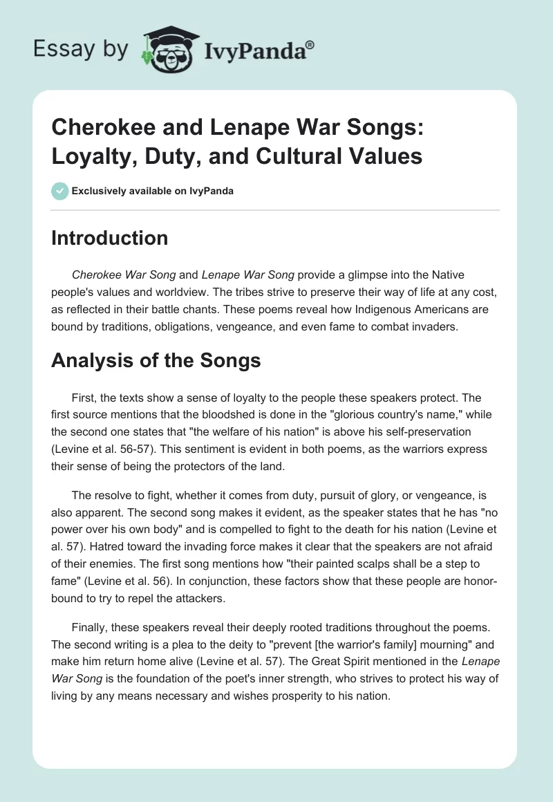 Cherokee and Lenape War Songs: Loyalty, Duty, and Cultural Values. Page 1