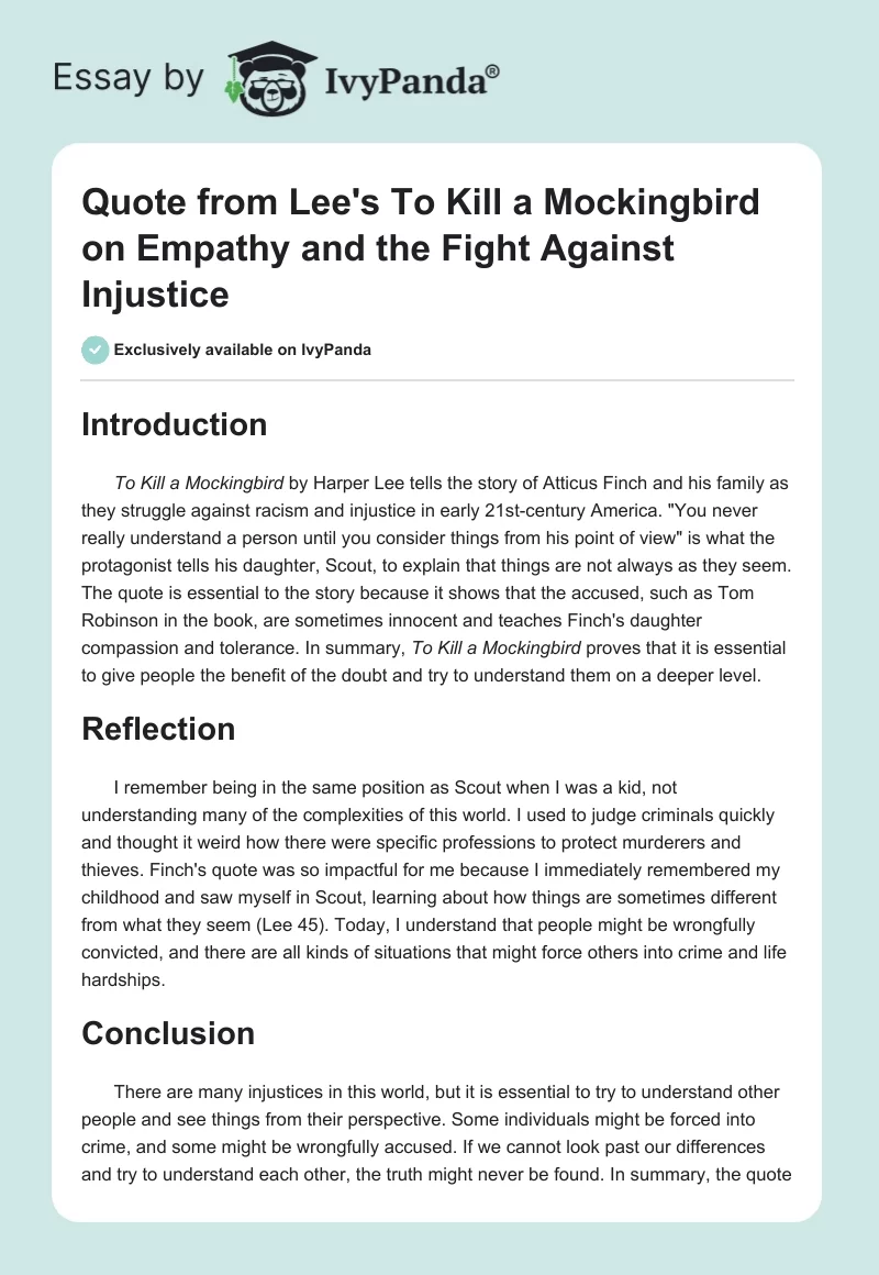 Quote from Lee's To Kill a Mockingbird on Empathy and the Fight Against Injustice. Page 1