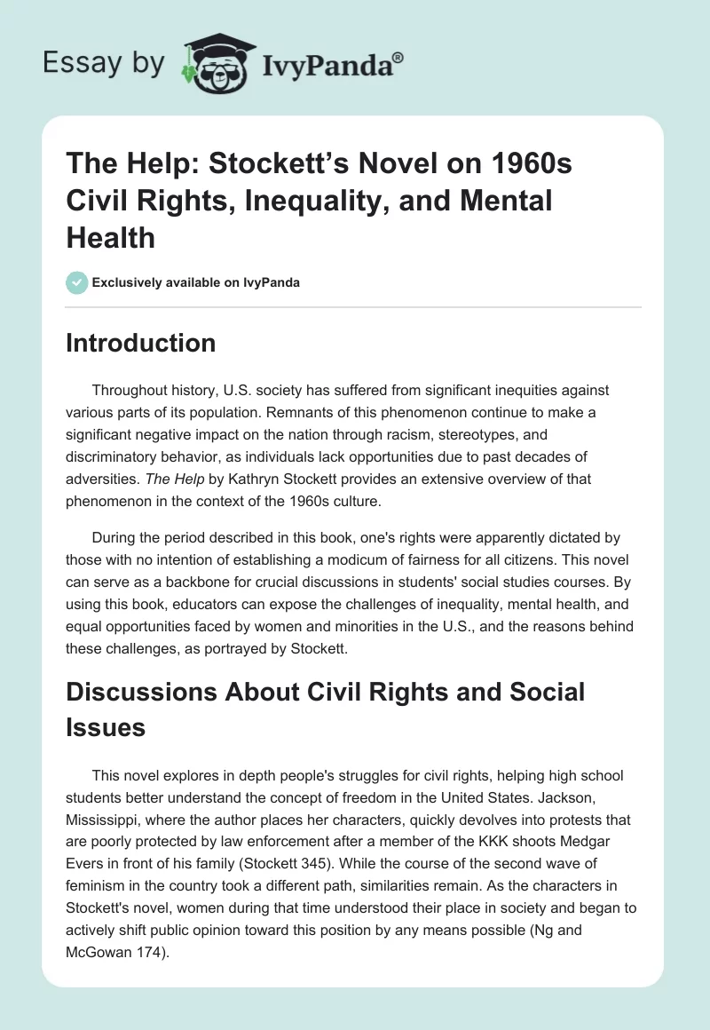 The Help: Stockett’s Novel on 1960s Civil Rights, Inequality, and Mental Health. Page 1