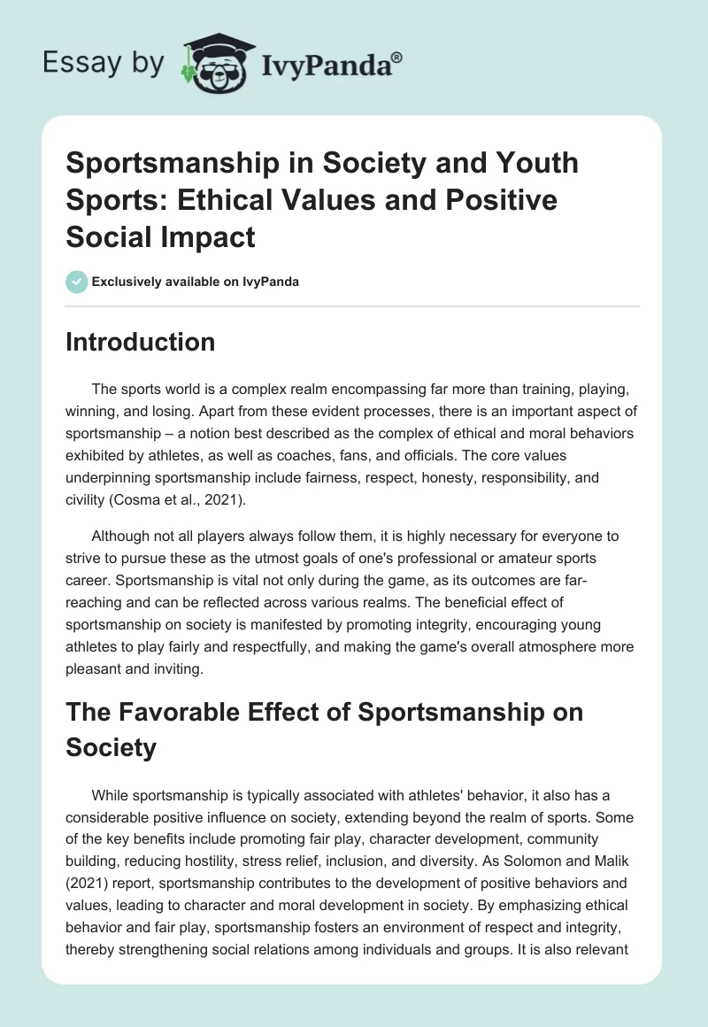 Sportsmanship in Society and Youth Sports: Ethical Values and Positive Social Impact. Page 1