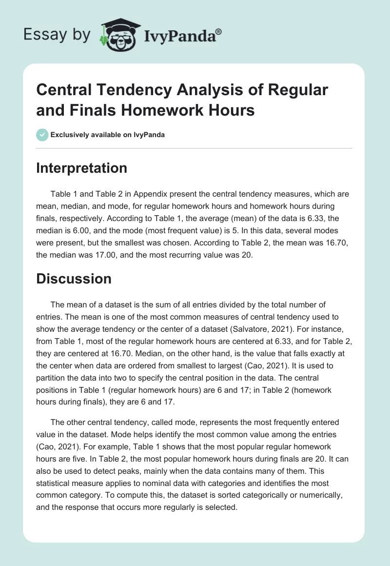 Central Tendency Analysis of Regular and Finals Homework Hours. Page 1