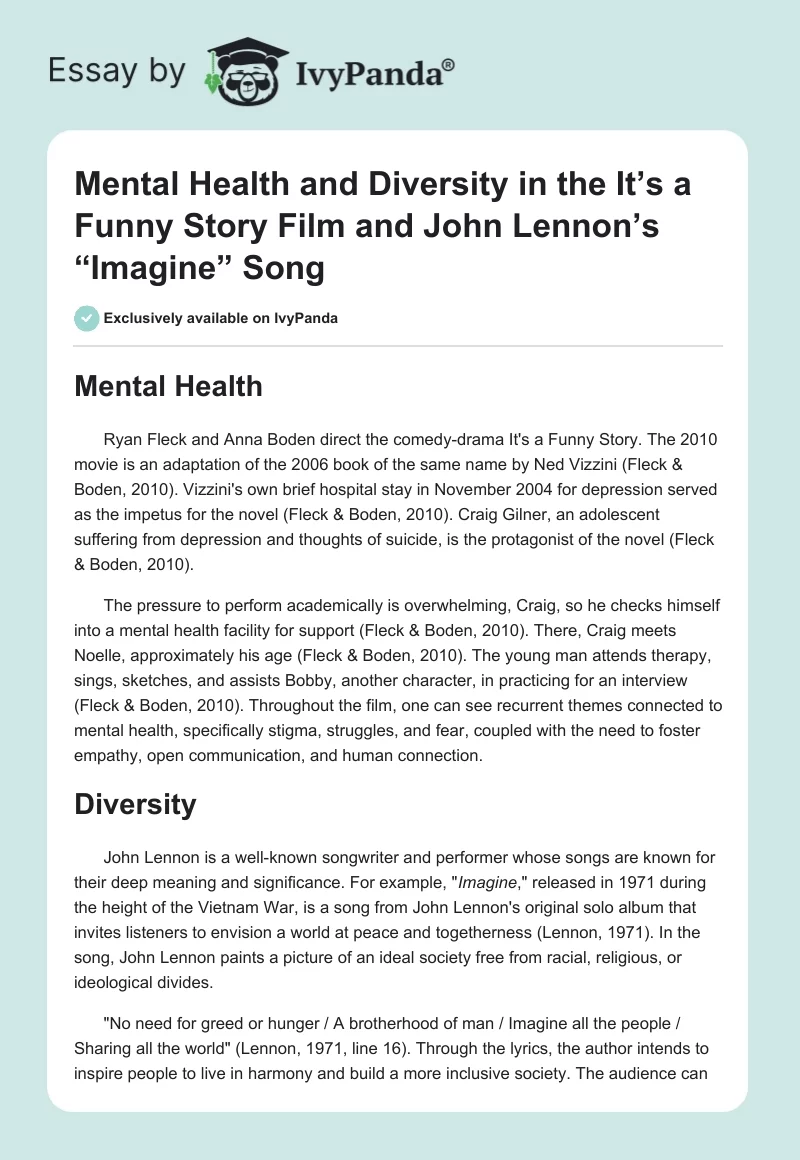 Mental Health and Diversity in the It’s a Funny Story Film and John Lennon’s “Imagine” Song. Page 1