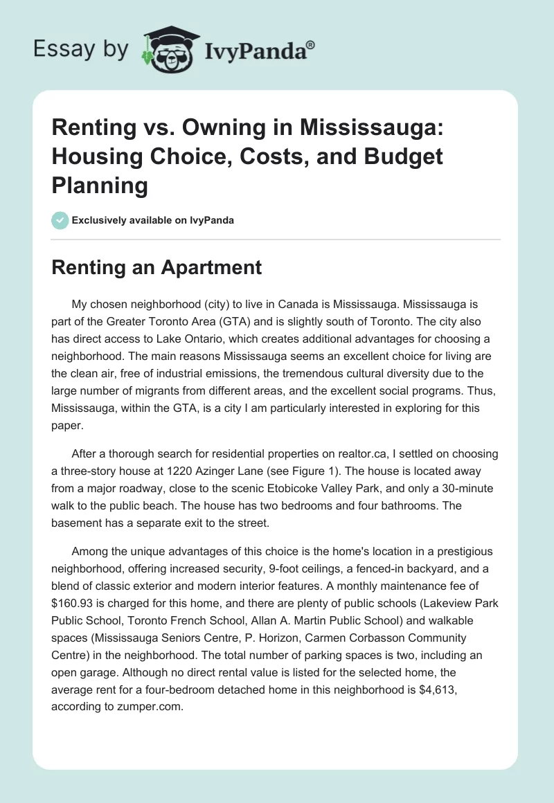 Renting vs. Owning in Mississauga: Housing Choice, Costs, and Budget Planning. Page 1