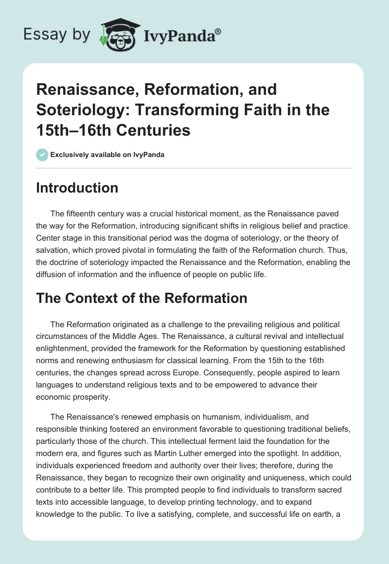 Renaissance, Reformation, and Soteriology: Transforming Faith in the 15th–16th Centuries. Page 1