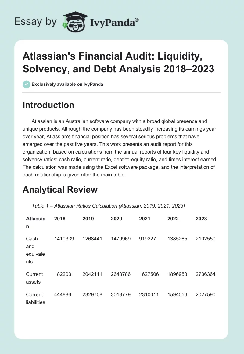 Atlassian's Financial Audit: Liquidity, Solvency, and Debt Analysis 2018–2023. Page 1