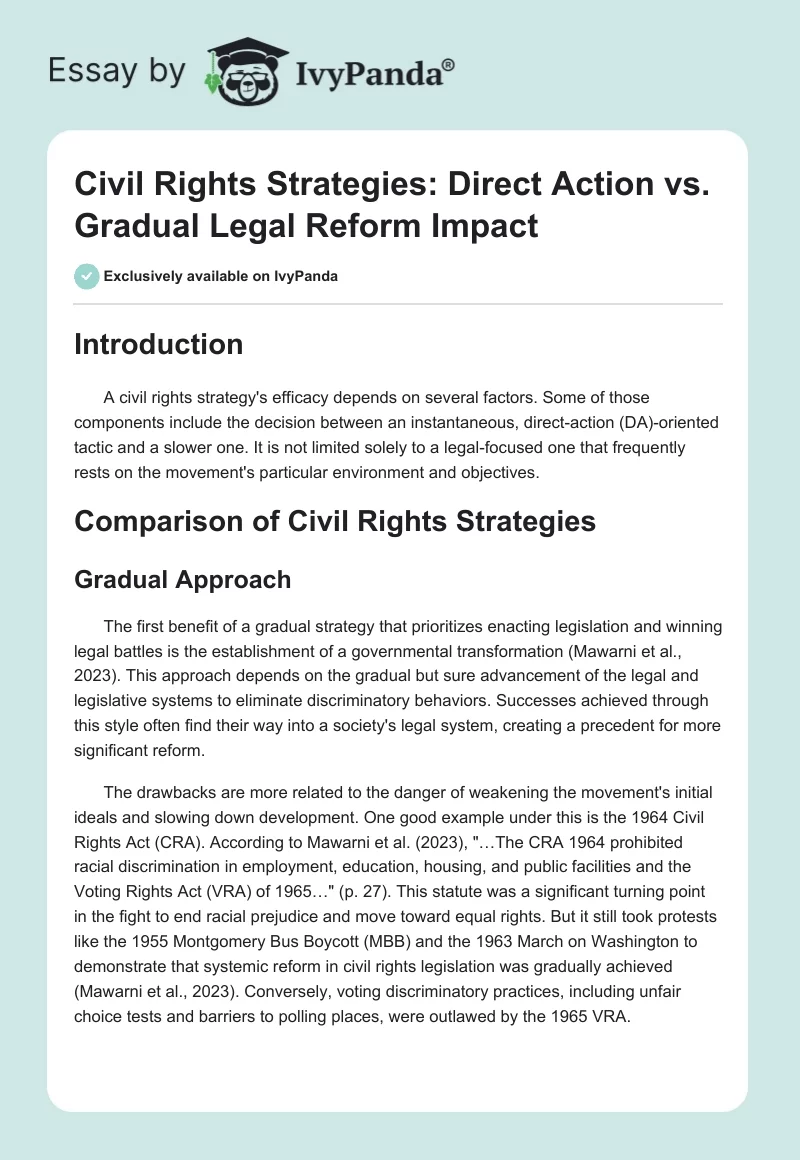 Civil Rights Strategies: Direct Action vs. Gradual Legal Reform Impact. Page 1