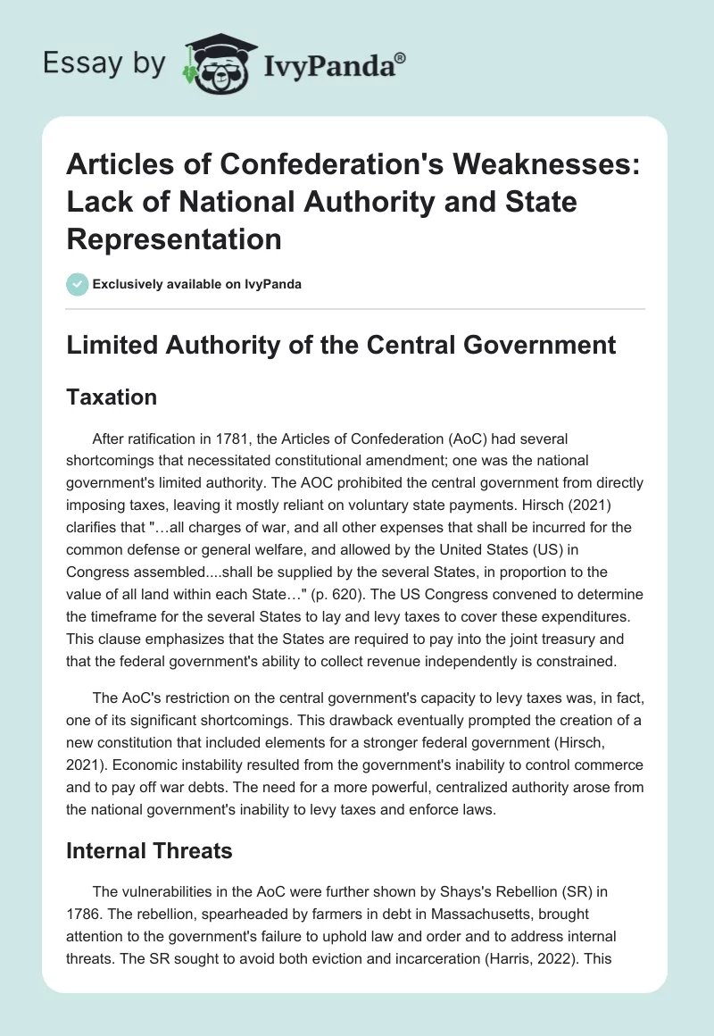 Articles of Confederation's Weaknesses: Lack of National Authority and State Representation. Page 1