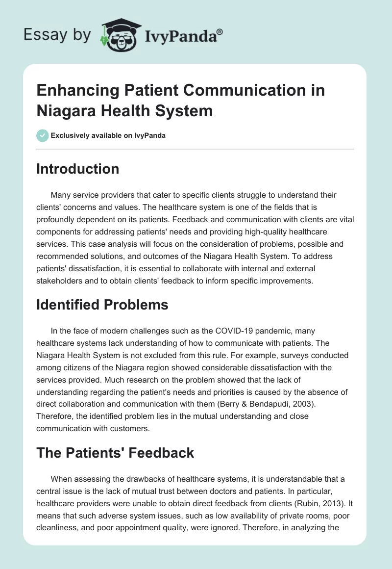 Enhancing Patient Communication in Niagara Health System. Page 1
