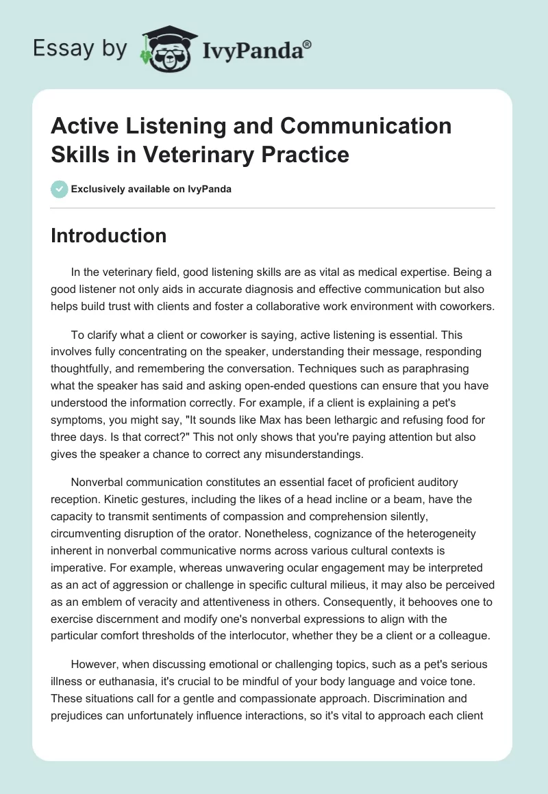 Active Listening and Communication Skills in Veterinary Practice. Page 1