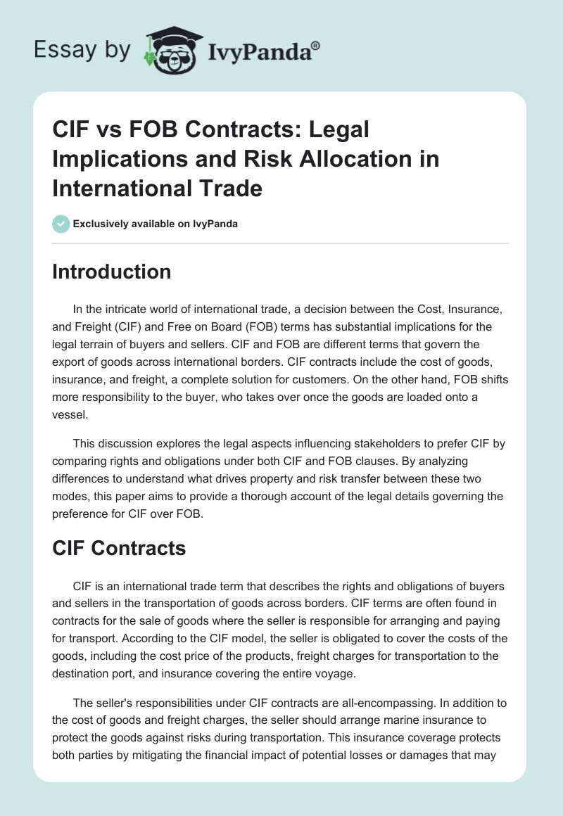 CIF vs FOB Contracts: Legal Implications and Risk Allocation in International Trade. Page 1