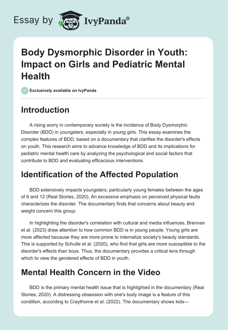 Body Dysmorphic Disorder in Youth: Impact on Girls and Pediatric Mental Health. Page 1