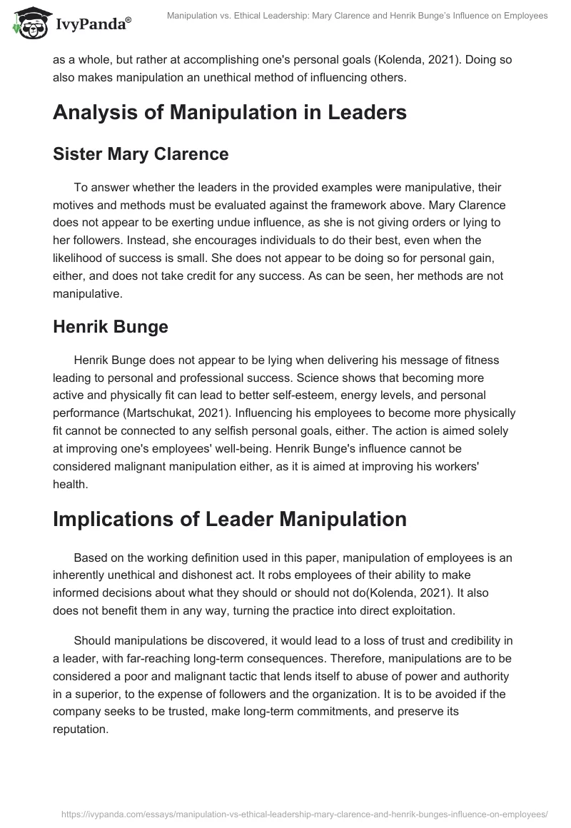 Manipulation vs. Ethical Leadership: Mary Clarence and Henrik Bunge’s Influence on Employees. Page 2