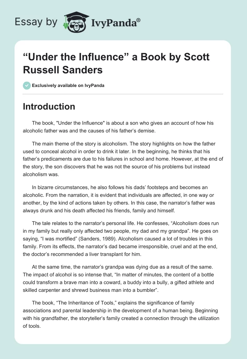 “Under the Influence” a Book by Scott Russell Sanders. Page 1