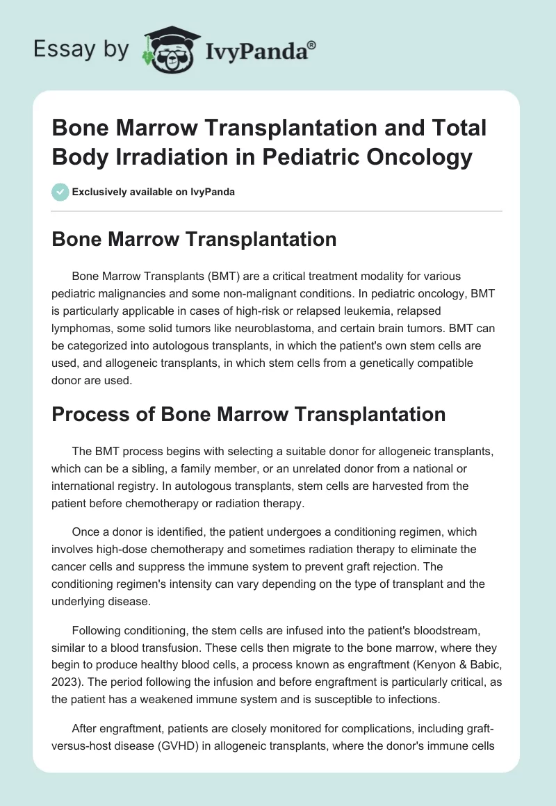 Bone Marrow Transplantation and Total Body Irradiation in Pediatric Oncology. Page 1