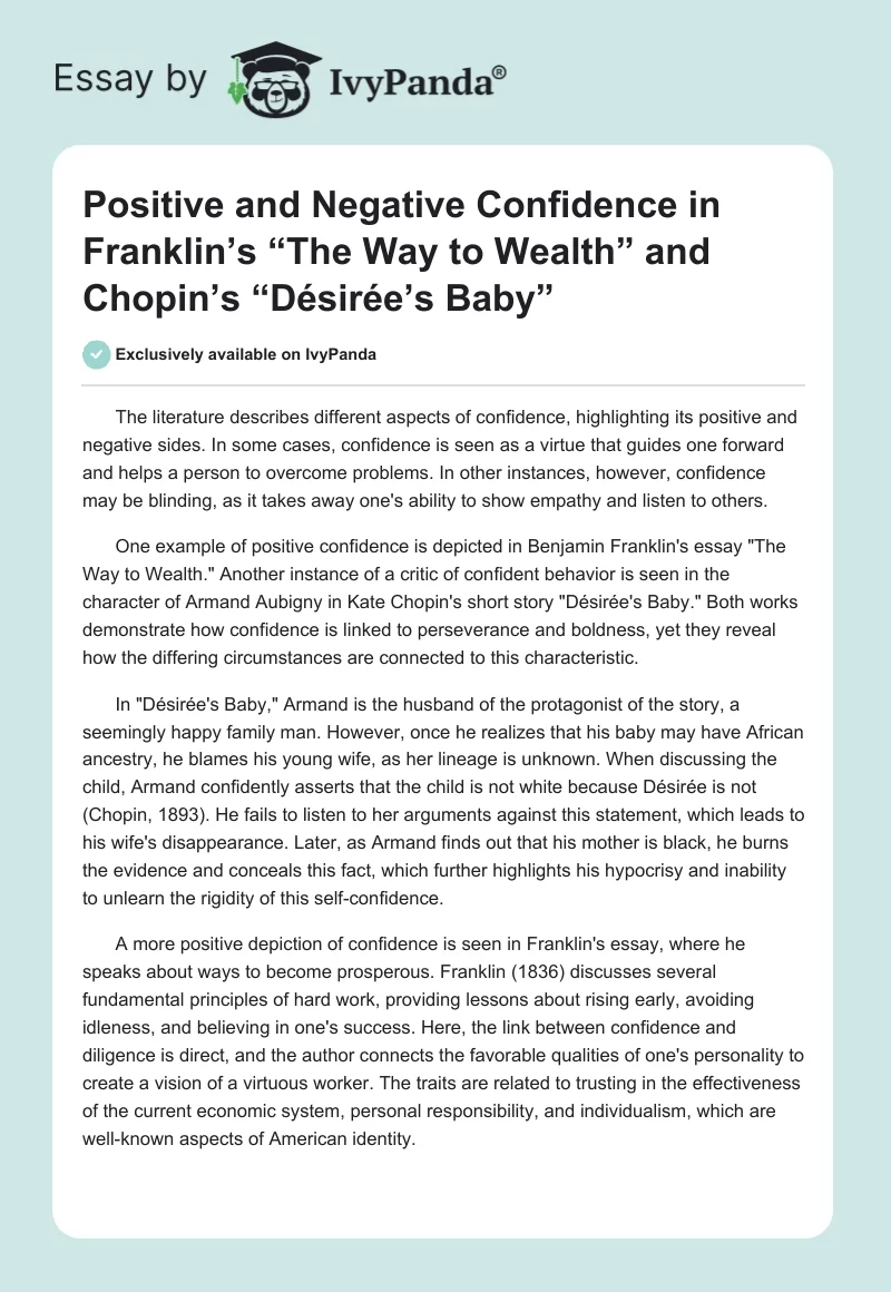 Positive and Negative Confidence in Franklin’s “The Way to Wealth” and Chopin’s “Désirée’s Baby”. Page 1