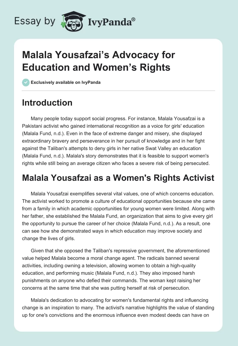 Malala Yousafzai’s Advocacy for Education and Women’s Rights. Page 1