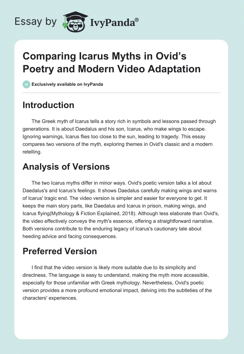 Comparing Icarus Myths in Ovid’s Poetry and Modern Video Adaptation. Page 1