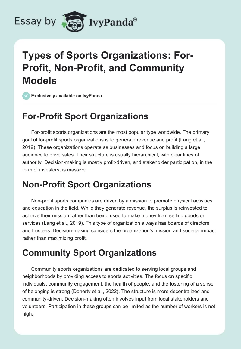Types of Sports Organizations: For-Profit, Non-Profit, and Community Models. Page 1