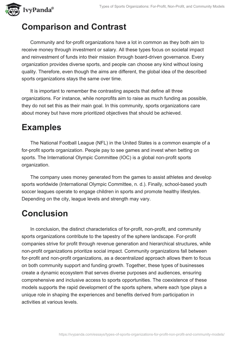 Types of Sports Organizations: For-Profit, Non-Profit, and Community Models. Page 2