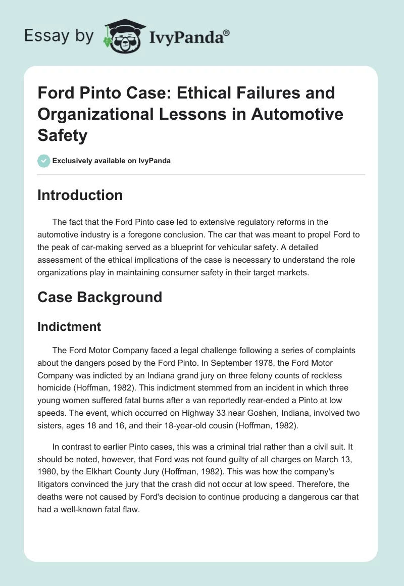 Ford Pinto Case: Ethical Failures and Organizational Lessons in Automotive Safety. Page 1