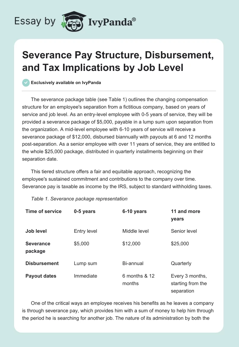 Severance Pay Structure, Disbursement, and Tax Implications by Job Level. Page 1