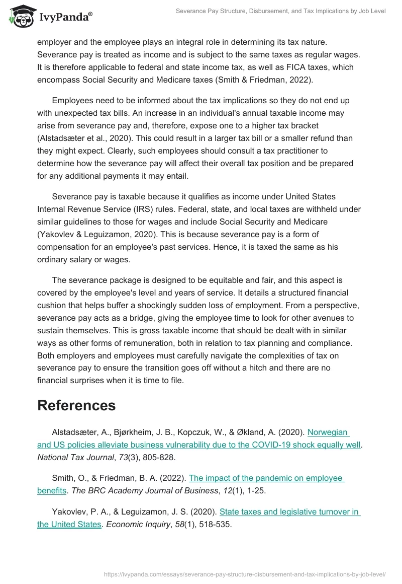 Severance Pay Structure, Disbursement, and Tax Implications by Job Level. Page 2