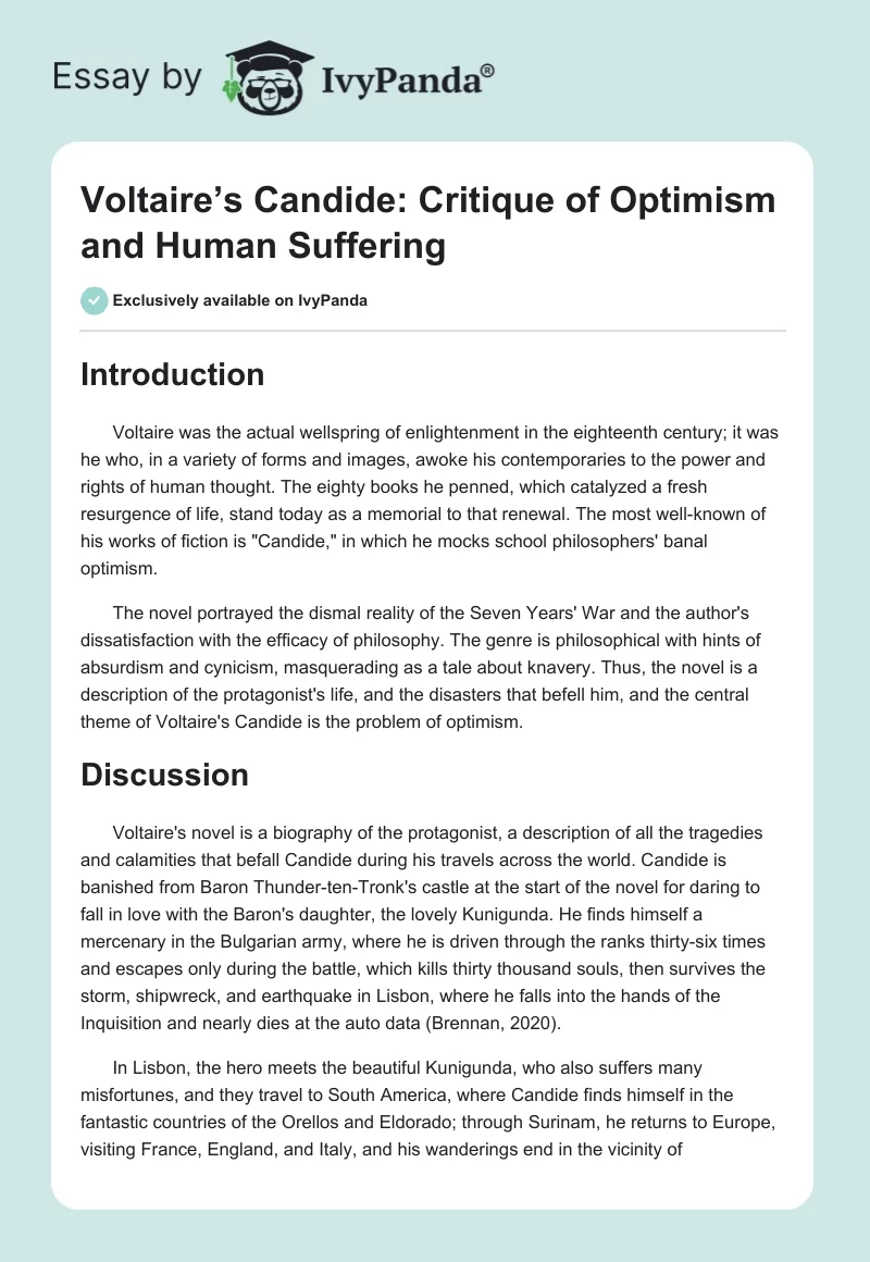 Voltaire’s Candide: Critique of Optimism and Human Suffering. Page 1