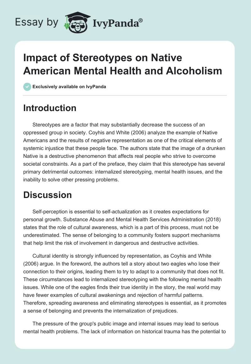 Impact of Stereotypes on Native American Mental Health and Alcoholism. Page 1