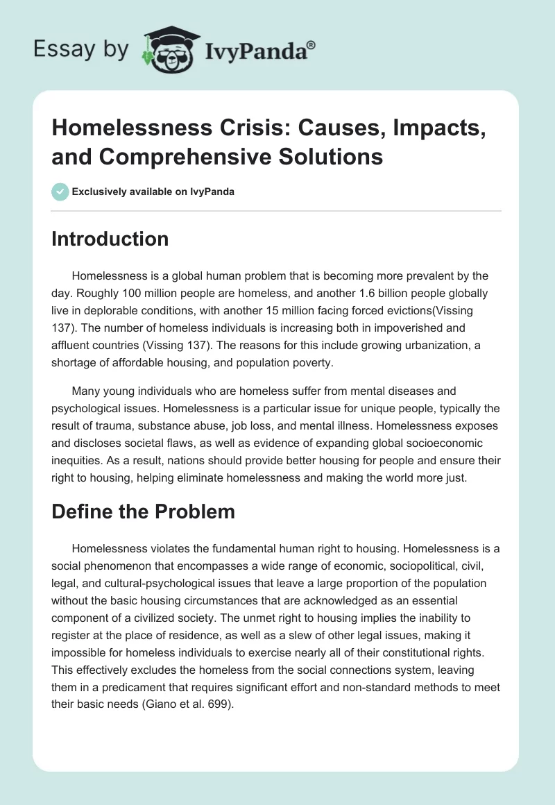 Homelessness Crisis: Causes, Impacts, and Comprehensive Solutions. Page 1