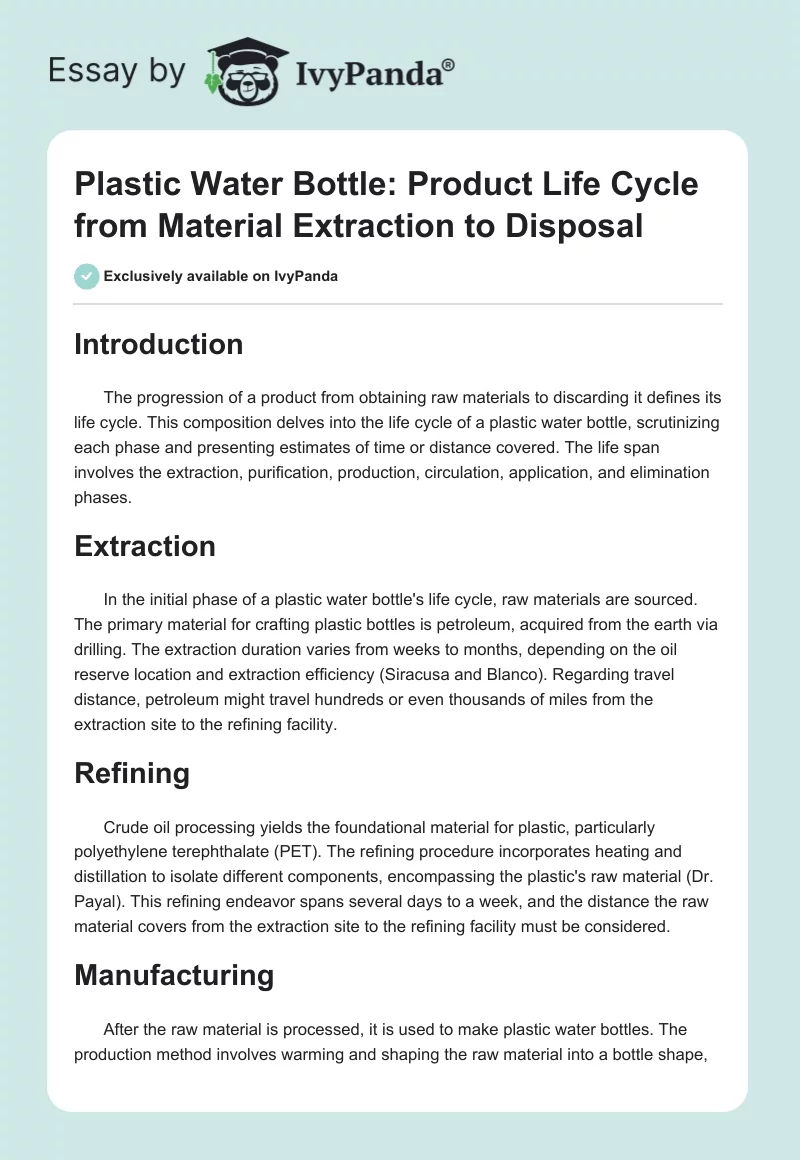 Plastic Water Bottle: Product Life Cycle from Material Extraction to Disposal. Page 1