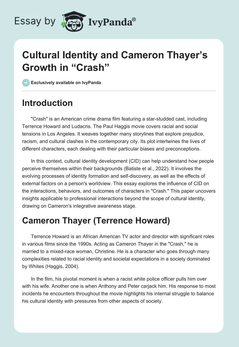 Cultural Identity and Cameron Thayer’s Growth in “Crash”. Page 1