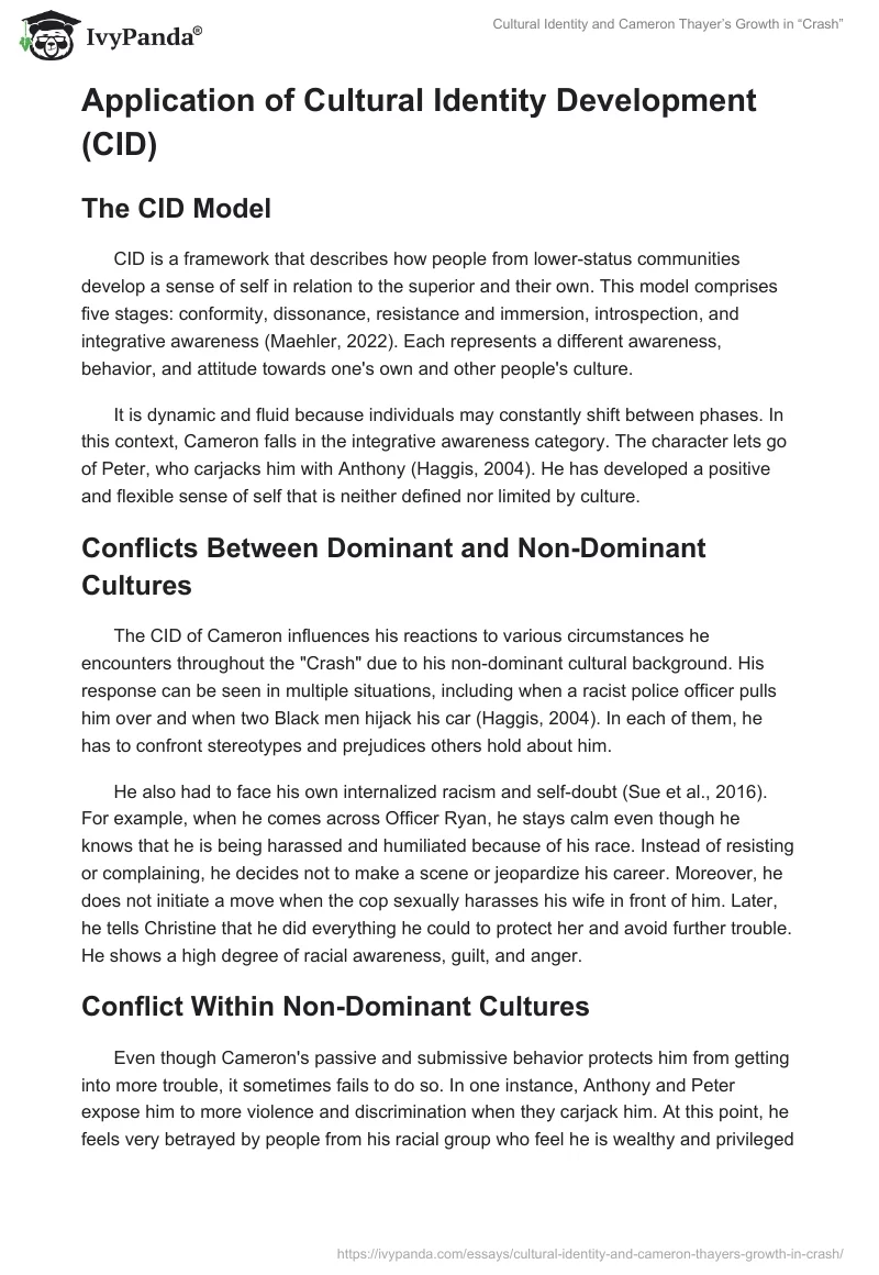 Cultural Identity and Cameron Thayer’s Growth in “Crash”. Page 2
