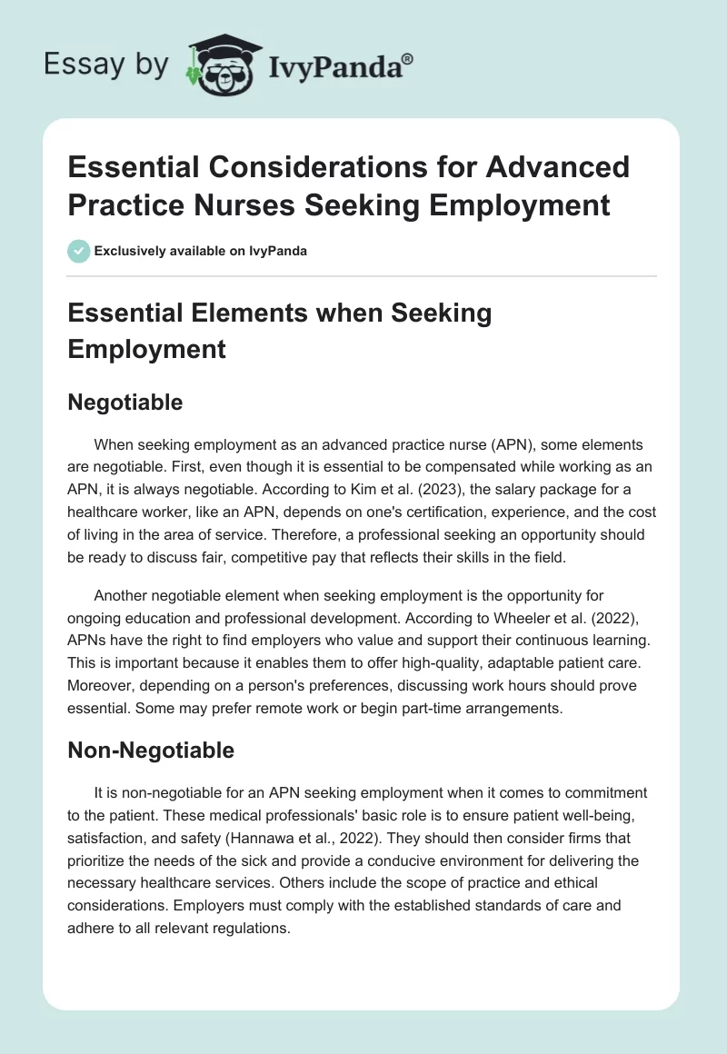 Essential Considerations for Advanced Practice Nurses Seeking Employment. Page 1