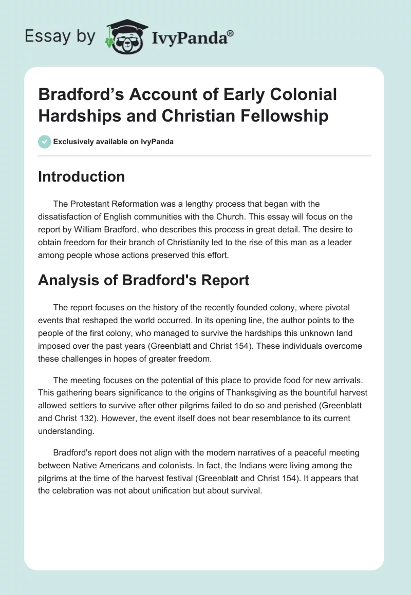 Bradford’s Account of Early Colonial Hardships and Christian Fellowship. Page 1