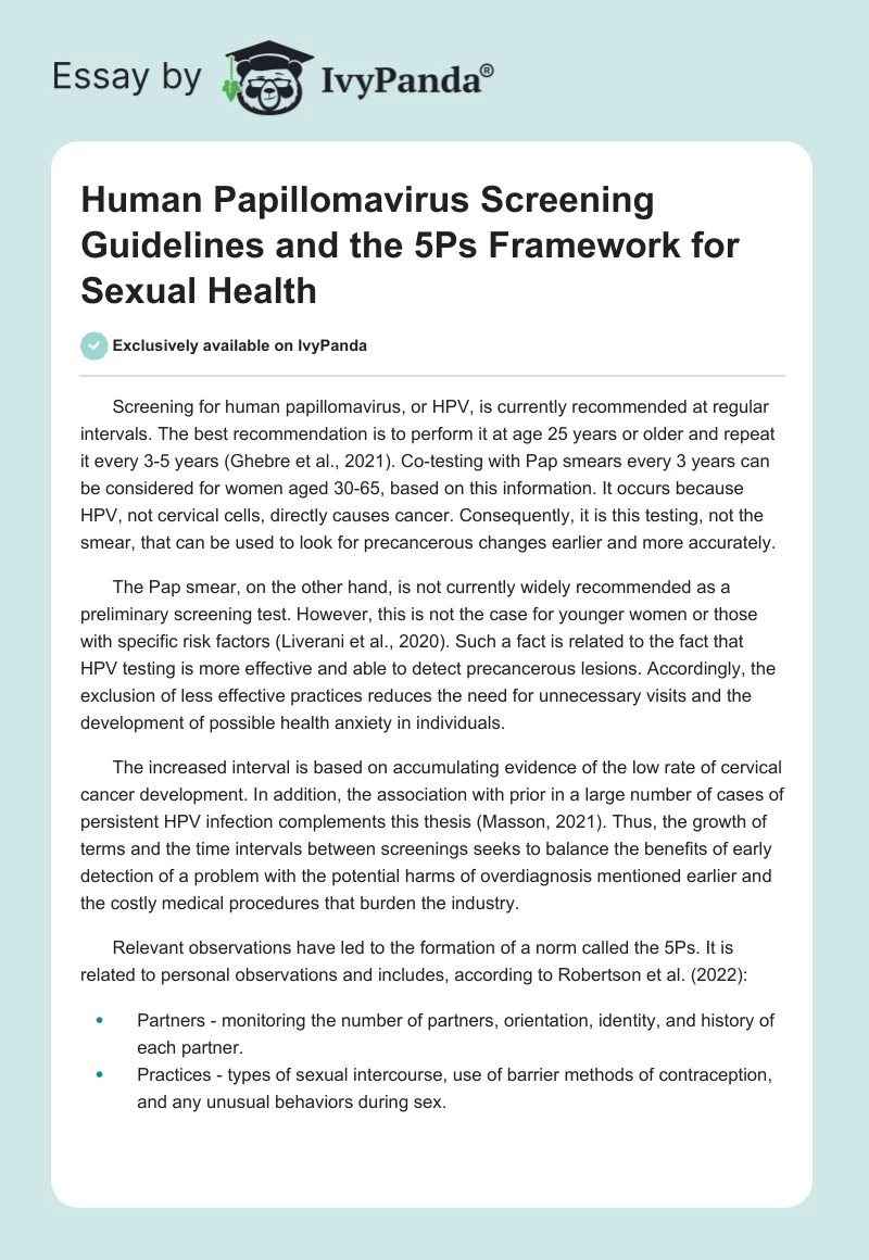 Human Papillomavirus Screening Guidelines and the 5Ps Framework for Sexual Health. Page 1
