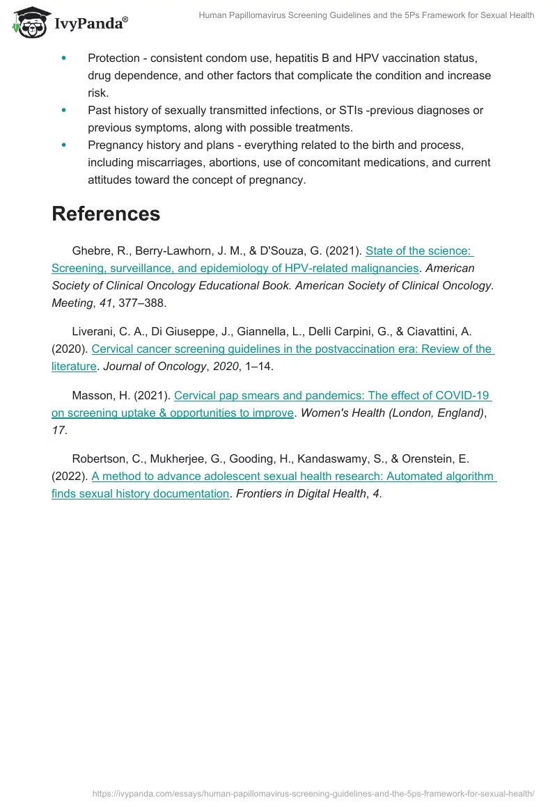 Human Papillomavirus Screening Guidelines and the 5Ps Framework for Sexual Health. Page 2