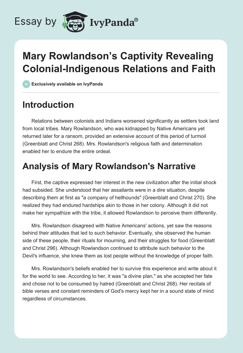 Mary Rowlandson’s Captivity Revealing Colonial-Indigenous Relations and Faith. Page 1