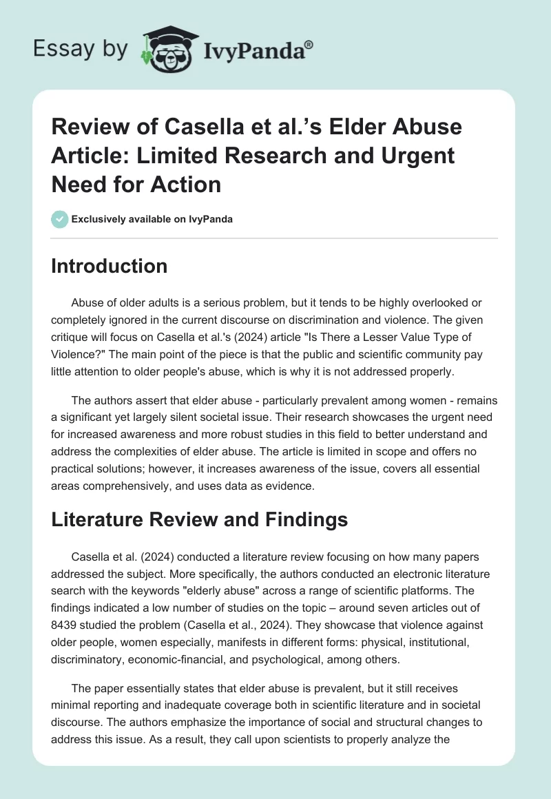 Review of Casella et al.’s Elder Abuse Article: Limited Research and Urgent Need for Action. Page 1