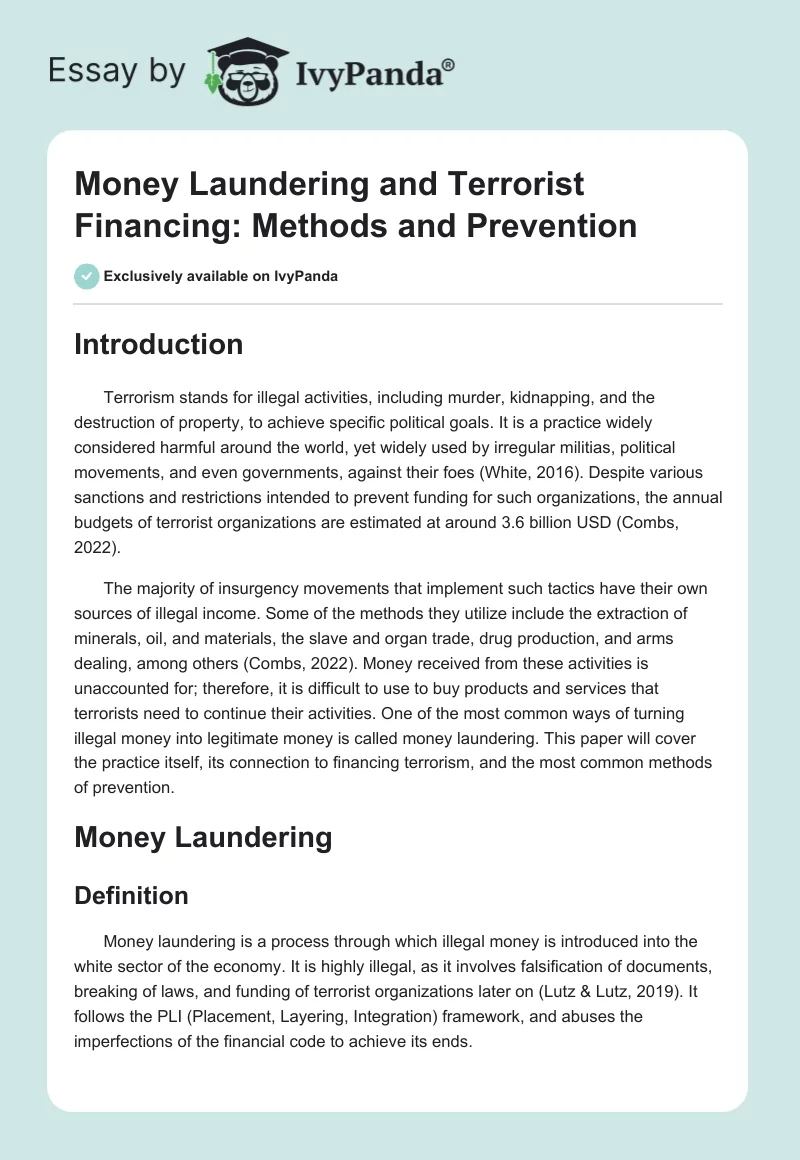 Money Laundering and Terrorist Financing: Methods and Prevention. Page 1