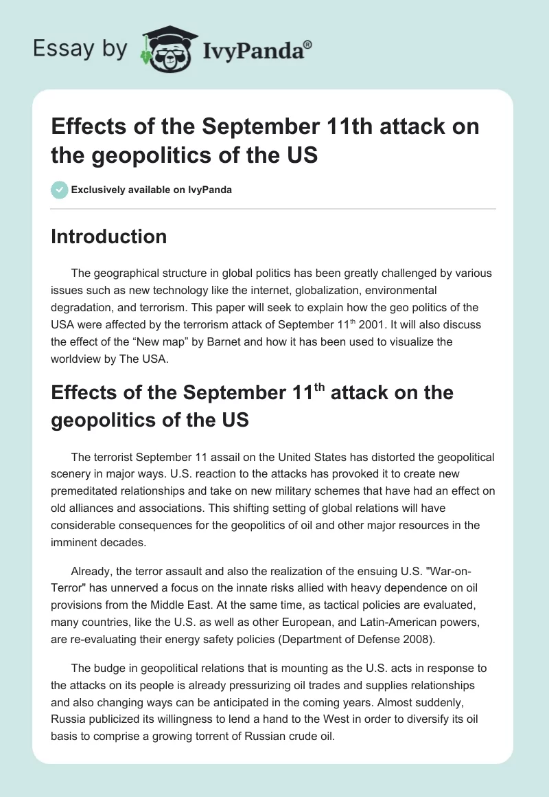 Effects of the September 11th attack on the geopolitics of the US. Page 1