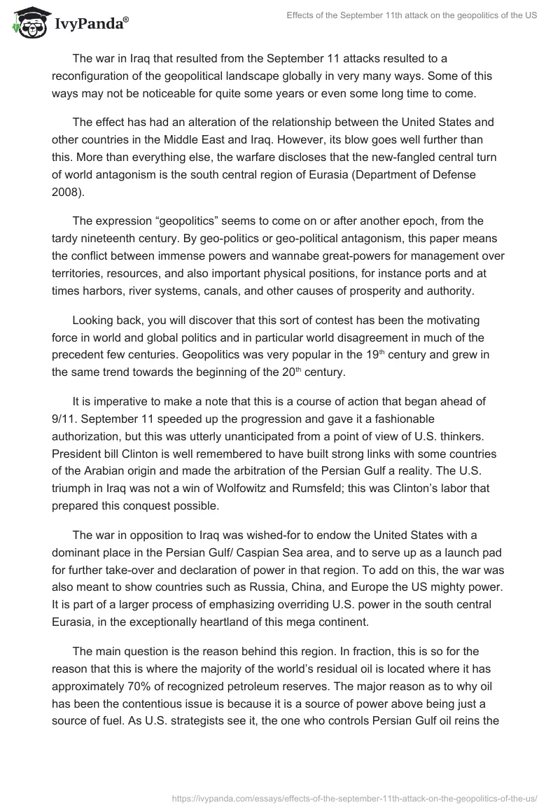 Effects of the September 11th attack on the geopolitics of the US. Page 2